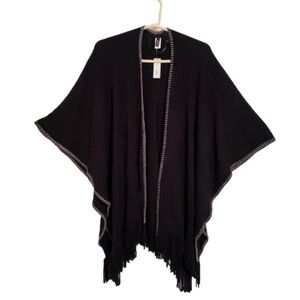 Apt. 9 Black w Gray Embroidered Trim Fringed Open Shawl Sweater
